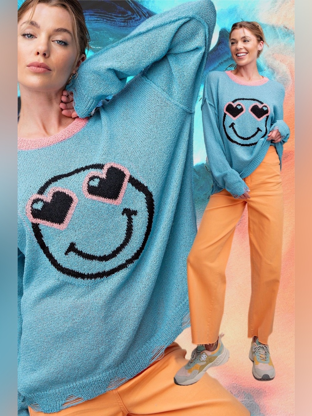Easel | Delulu For The Plot Distressed Smiley Sweater Heart Eyes Blue New Large